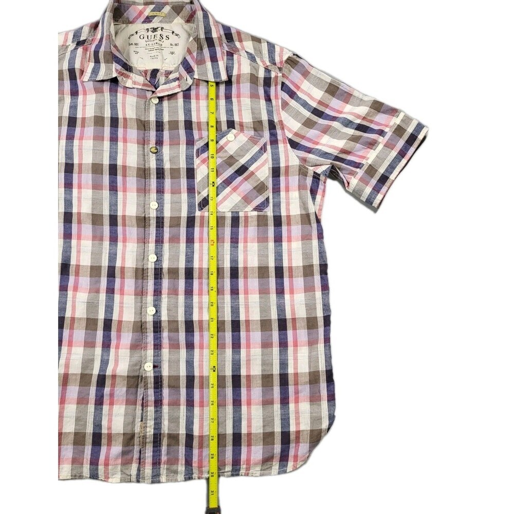 GUESS Men's Slim Fit Short Sleeve Plaid Shirt - Multicolor (Blue/Pink/Gray) - Picture 8 of 14